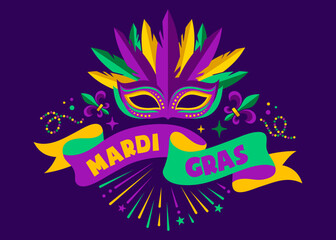Obraz premium Mardi Gras Carnival vector banner background with Mardi Gras logo, mask, illustration, confetti for Social media, web banner, poster, flyer, border, cover, festival celebration, party, decorations