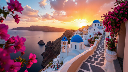 Breathtaking panoramic view of Oia, Santorini, Greece, with a mesmerizing sunset over white buildings, blue domes, and the Aegean Sea, perfect for travel blogs, tourism brochures, luxury real estate 