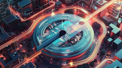 Fototapeta premium Futuristic cityscape showcasing a high-tech transportation hub with vibrant lights and urban activity