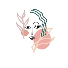 Abstract Surreal Women Face with Colored Shapes as Symbol Spring or Love to Nature Isolated on White. Cute Beauty Female Character in Hygge Mood. 