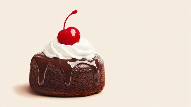 Molten chocolate lava cake topped with a dollop of whipped cream and a cherry, isolated on a light beige background - Powered by Adobe