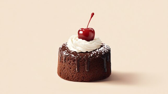 Molten chocolate lava cake topped with a dollop of whipped cream and a cherry, isolated on a light beige background