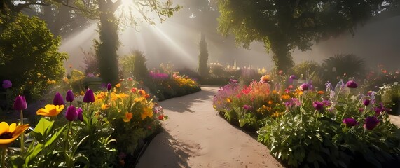 Obraz premium A vibrant garden celebrating the beauty of flowers swaying under sunlight beckoning visitors to explore