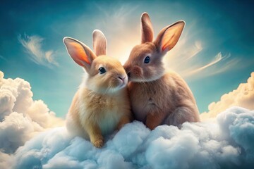 Loving Bunny Couple Hugging on a Cloud - AI Photo