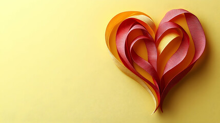 Colorful paper ribbon heart on yellow background, Valentine's Day card design