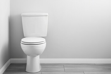 Clean white toilet in modern bathroom with light gray walls and wooden flooring