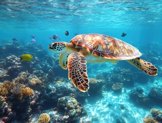 Vibrant Underwater Scene Featuring Majestic Sea Turtle Gliding Among Colorful Coral Reefs and Tropical Fish in Clear Blue Ocean Waters