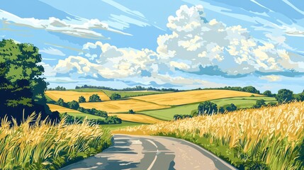 Serene Countryside Road, Rolling Hills Under a Summer Sky