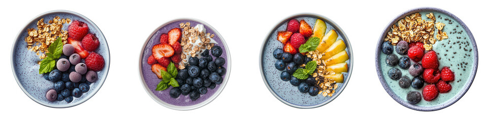 Overhead view of a variety of healthy breakfast bowls filled with assorted fresh fruits granola yogurt and superfood ingredients like chia seeds