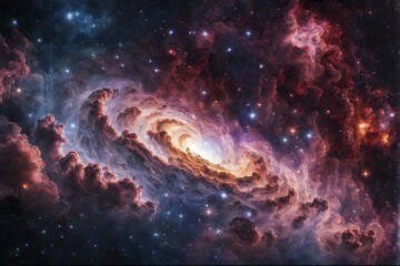 Fototapeta premium A vibrant nebula with swirling clouds in red, blue, and pink colors, filled with stars, creating a mesmerizing cosmic scene, AI generated