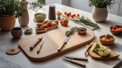 top-down view of fresh kitchen ingredients on a white marble surface, including wooden cutting boards, fruits, vegetables, herbs, nuts & ceramic bowls. composition highlights natural textures, colors.