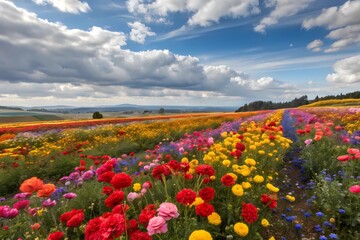 Fototapeta premium A Vibrant Field of Colorful Flowers Stretches Under a Clear Blue Sky, Creating a Picturesque Countryside Scene