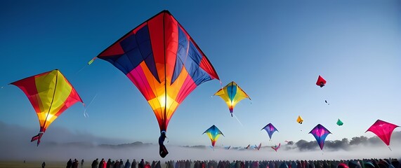 A vibrant kite festival where colorful kites dance in a clear blue sky
