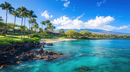A tropical coastline with palm trees swaying in the wind and clear blue waters.