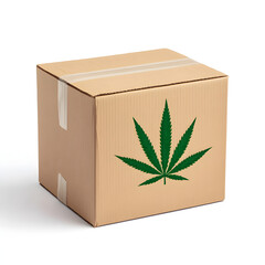 Cardboard box with Marijuana leaf on it. A Cannabis shipping concept. 