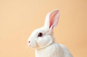 Obraz premium White rabbit ear on pastel beige background. Easter day