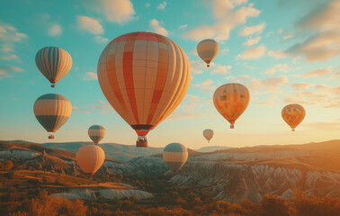 Fototapeta premium Colorful balloons flying in the sky on a sunny day. Vintage color tone. Retro style.