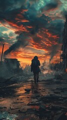 Fototapeta premium Post-apocalyptic landscape with destroyed buildings and smoking debris, hooded man walking down the street. Background for fantasy stories, computer games, book covers in the genre of dystopia.
