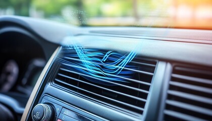 Car Air Conditioner Closeup, Climate Control with Airflow Graphic, Cool Air in Vehicle