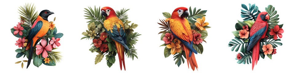 Fototapeta premium Colorful and Captivating Parrots Perched Amidst Lush Tropical Foliage and Blooming Flowers A Stunning Nature Scene Showcasing the Vibrant Beauty of Wildlife in a Botanical Paradise
