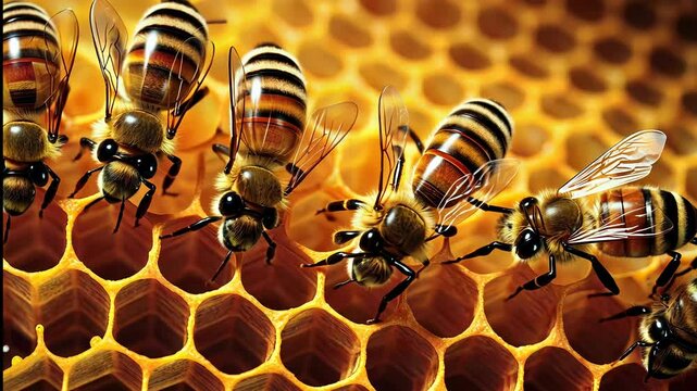 Majestic bees busy at work creating honeycomb in a vibrant hive on a sunny afternoon in early spring