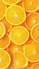 Obraz premium A flat lay of sliced oranges on an orange background creates a pattern with the citrus slices.