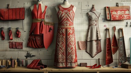 Fashion designer desktop with sketches and fabrics, perfect for fashion and fashion design blogs.