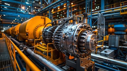 An industrial engine in a factory shop, suitable for illustrating industrial processes and technology.