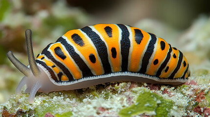 Fototapeta premium Colorful sea snail crawling on reef, underwater macro shot, vibrant ocean life, nature photography, suitable for marine biology or nature documentaries