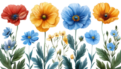 Set of four garden flowers isolated on transparent background