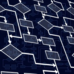 Abstract flowchart diagram. Computer program algorithm. Information technology conceptual background in blue