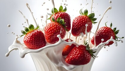 Fraises fra&icirc;ches tombant dans du lait avec effet d&rsquo;&eacute;claboussures.