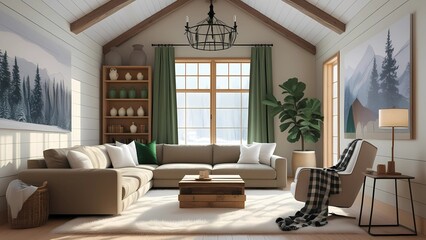 Cozy living room decor with gray sofa, rustic coffee table, wooden shelves, indoor plants and throw pillows