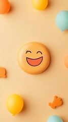 Fototapeta premium Happy Smiley Face Cookie with Colorful Balloons on Soft Beige Background for Celebrations