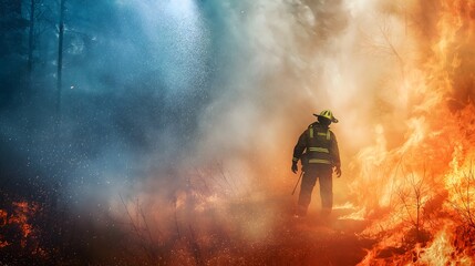 Professional Firefighter Walking Through Intense Smoke and Fire Emergency Scene Dramatic First Responder Action Shot Rescue Service Photography