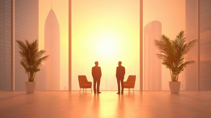 Two business professionals in suits standing in a modern high-rise office, overlooking the city skyline through large windows with a sunset glow