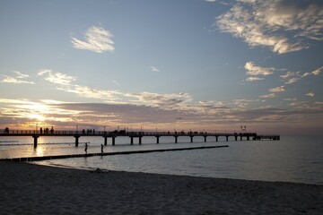 Sunset, pier, Baltic Sea resort town of Zingst, Mecklenburg-Western Pomerania, Germany, Europe