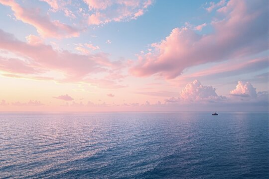 Ocean with calm waves at sunset, vibrant pink and blue sky, soft clouds, background of tranquility, concept of peace and serenity. Ai generative