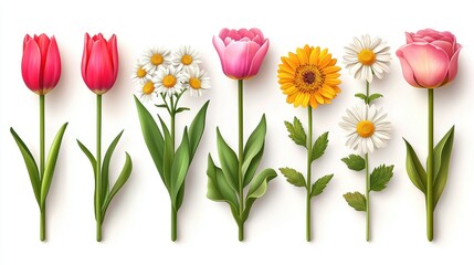 Colorful tulips, daisies, sunflower on white for spring designs