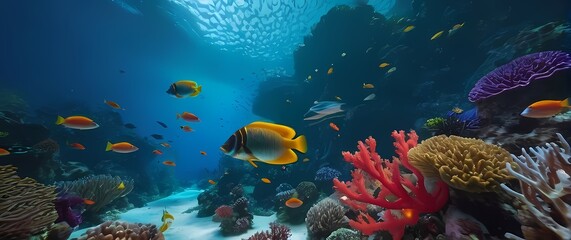 A vibrant underwater scene showcasing exotic fish darting through colorful coral reefs