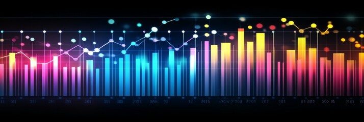 Financial Chart Blue Bar Graph, Overlaid Line Graphs, Dark Background, Sharp Lines, Bright Colors