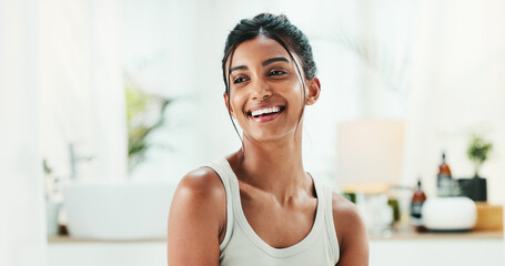 Thinking, beauty and woman in bathroom for skincare, morning hygiene and natural. Smile, cosmetics...