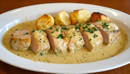 Juicy pork loin with roasted potatoes