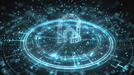 Obraz premium Digital lock symbol surrounded by glowing particles and circular data patterns in a futuristic setting