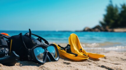 Obraz premium Neatly arranged diving gear on a clean beach, emphasizing adventure and readiness. Ideal for diving and outdoor content.