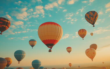 Obraz premium Colorful balloons flying in the sky on a sunny day. Vintage color tone. Retro style.
