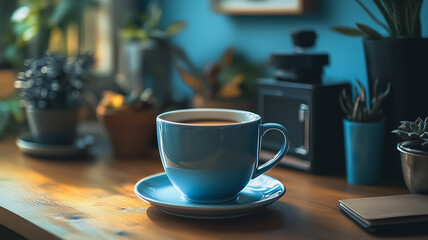 Obraz premium Morning Coffee Ritual: A serene image of a light blue coffee cup on a wooden desk, surrounded by potted plants and soft natural light.