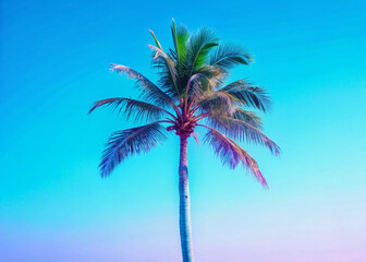 A tall palm tree stands against a clear, vibrant blue sky, banner and wall art poster and photo nature