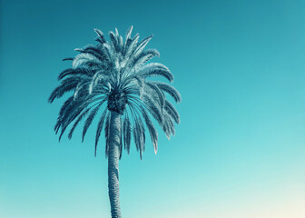Obraz premium A tall palm tree stands against a clear, vibrant blue sky, banner and wall art poster and photo nature