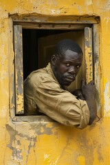 Obraz premium An African service man installing window